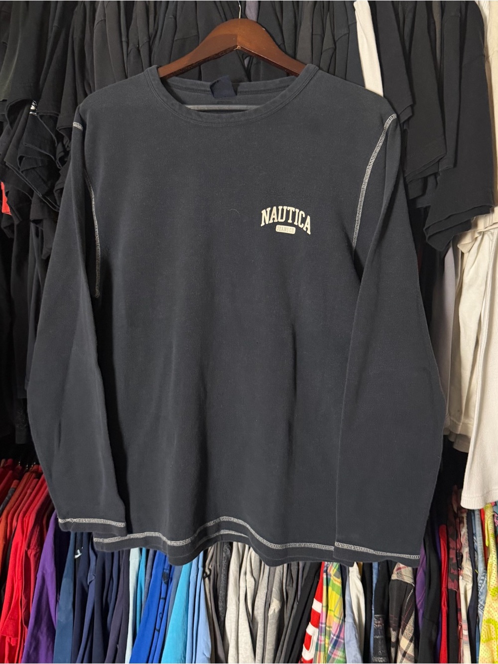 Vintage Y2K Nautica Thermal Shirt Mens Large Black Contrast Stitch Skater Grunge
